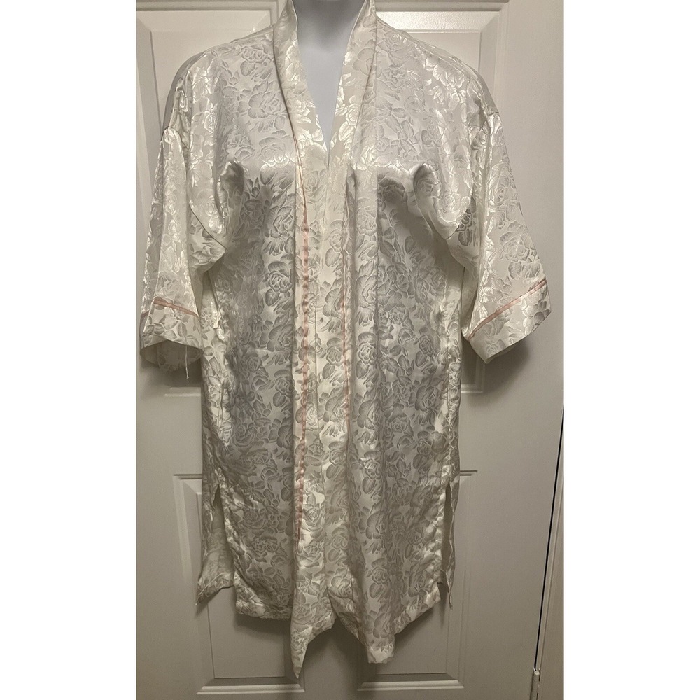 VTG Victorias Secret Midi Kimono Satin Robe Ivory Jacquard Floral Gold Label O/S